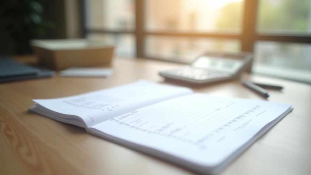 Notebook with monthly expense breakdown and calculator on wooden desk with morning light
