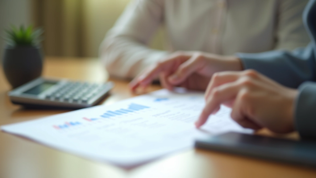 Person reviewing financial documents and savings records at a desk with calculator and notebook